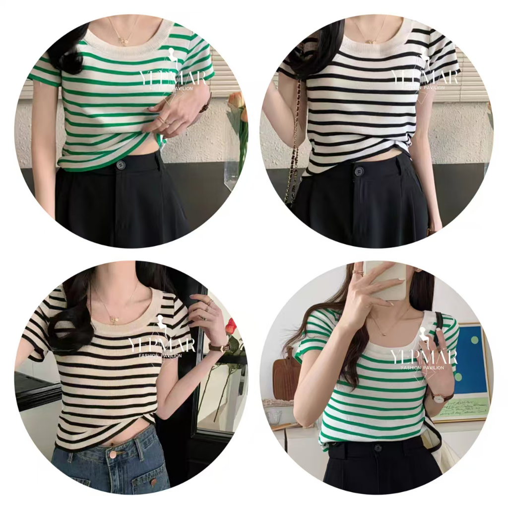 เสื้อยืดไหมพรม ทรงครอป ลายทาง คอ-ยู ครอปไหมพรม น่ารัก ผ้านิ่ม ไม่บาง Clothing Lady