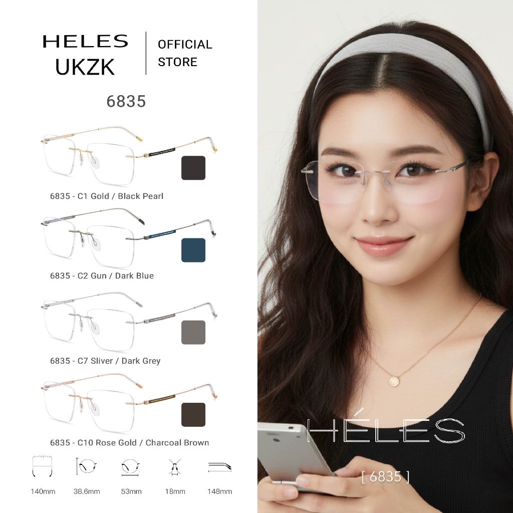 กรอบแว่นตา HELES รุ่น 6835 ทรง Rectangle (สี่เหลี่ยมผืนผ้า) - ไม่มีกรอบ Rimless วัสดุ Titanium (ไทเท