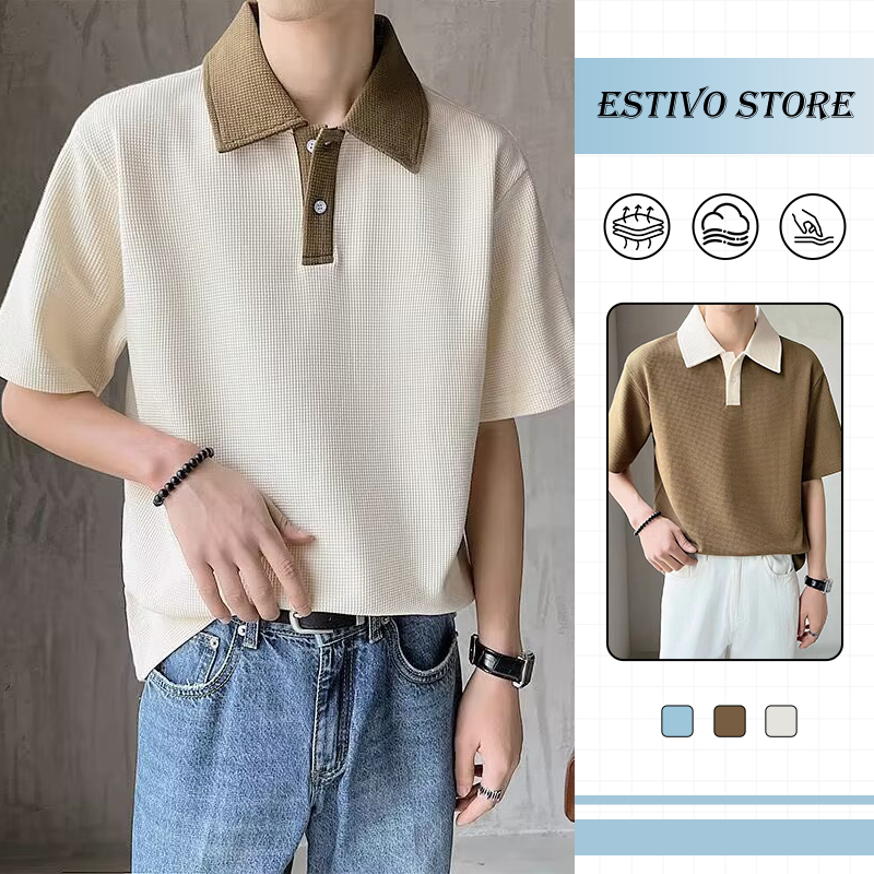 เสื้อโปโลคอปกสี拼接สไตล์เกาหลี ไซส์หลวมสวมสบาย ลายเวเฟอร์นุ่ม ใส่ได้ทุกโอกาส