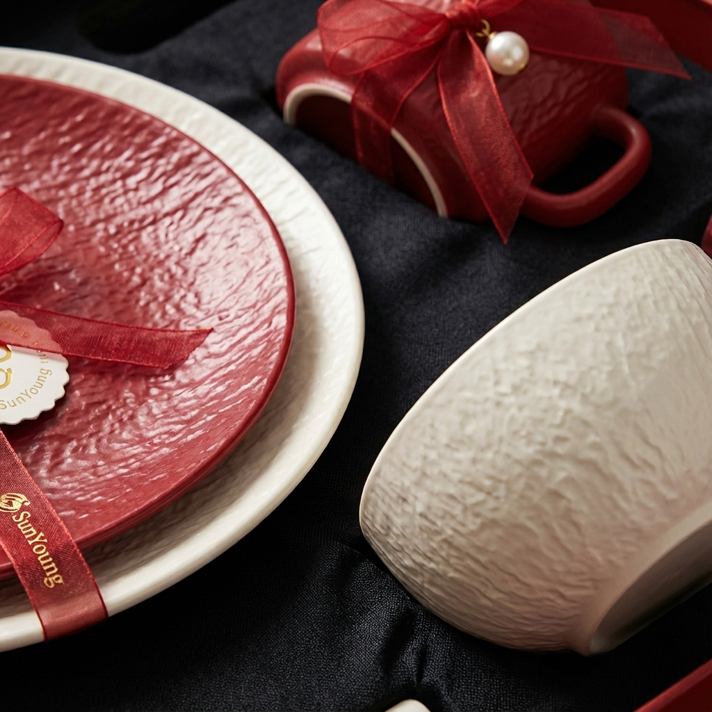 ชุดจานชามเซรามิก ลายหินแดงขาว 🍽️ จานตื้น ถ้วยข้าว สวยมินิมอล เข้าไมโครเวฟได้ ✨ ของขวัญขึ้นบ้านใหม่ หรูหรา - รูปที่ 3