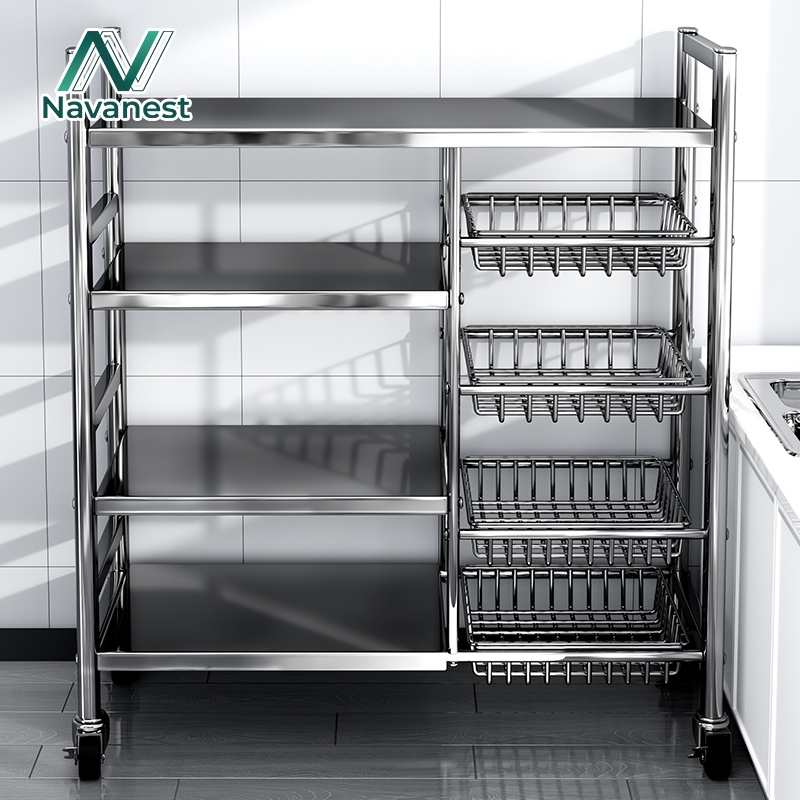 [สแตนเลส] navanest ชั้นวางของในครัว พร้อมหล้อ มาพร้อมตะกร้า ชั้นวางของเหล็ก ปรับระดับความสูงได้ ตะกร