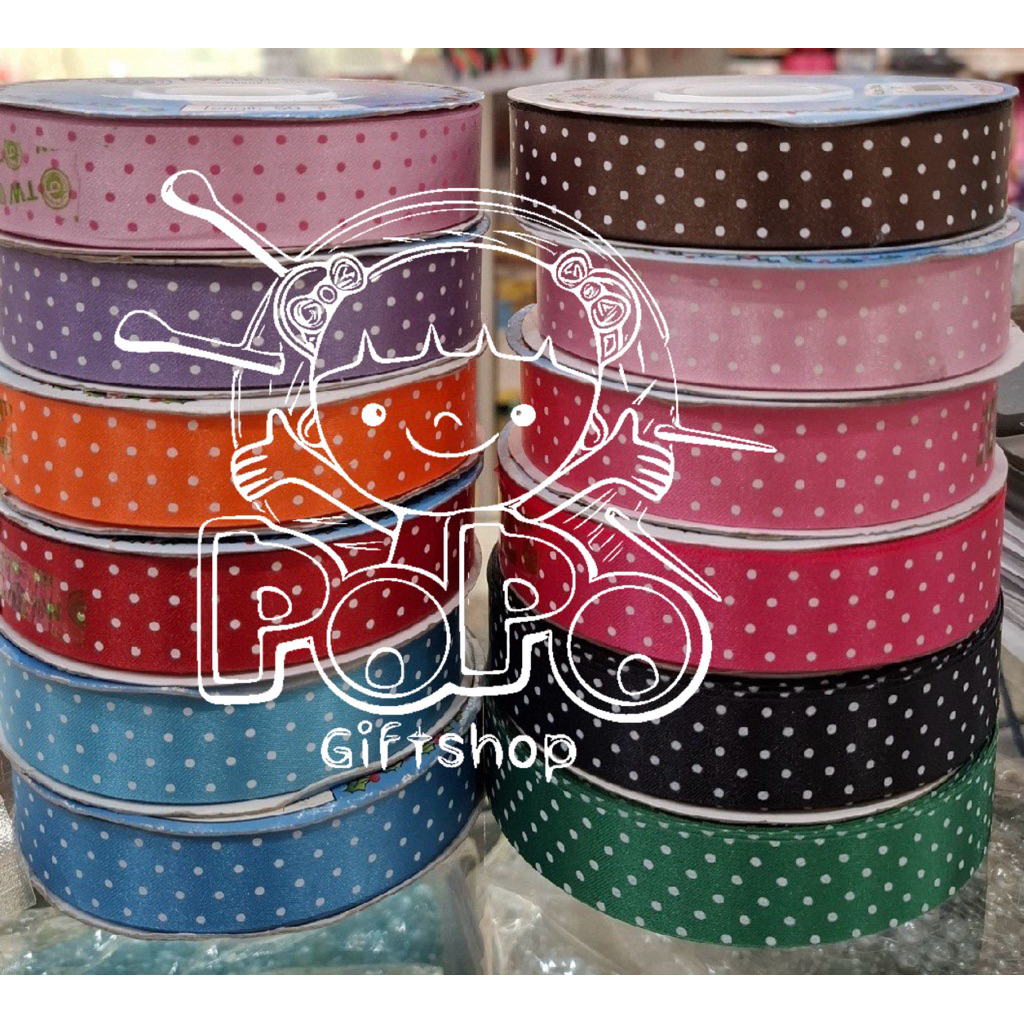 ริบบิ้นผ้าต่วน ลายจุด 7 สี สูง 2.2 ซม 100 ซม 10 บาท