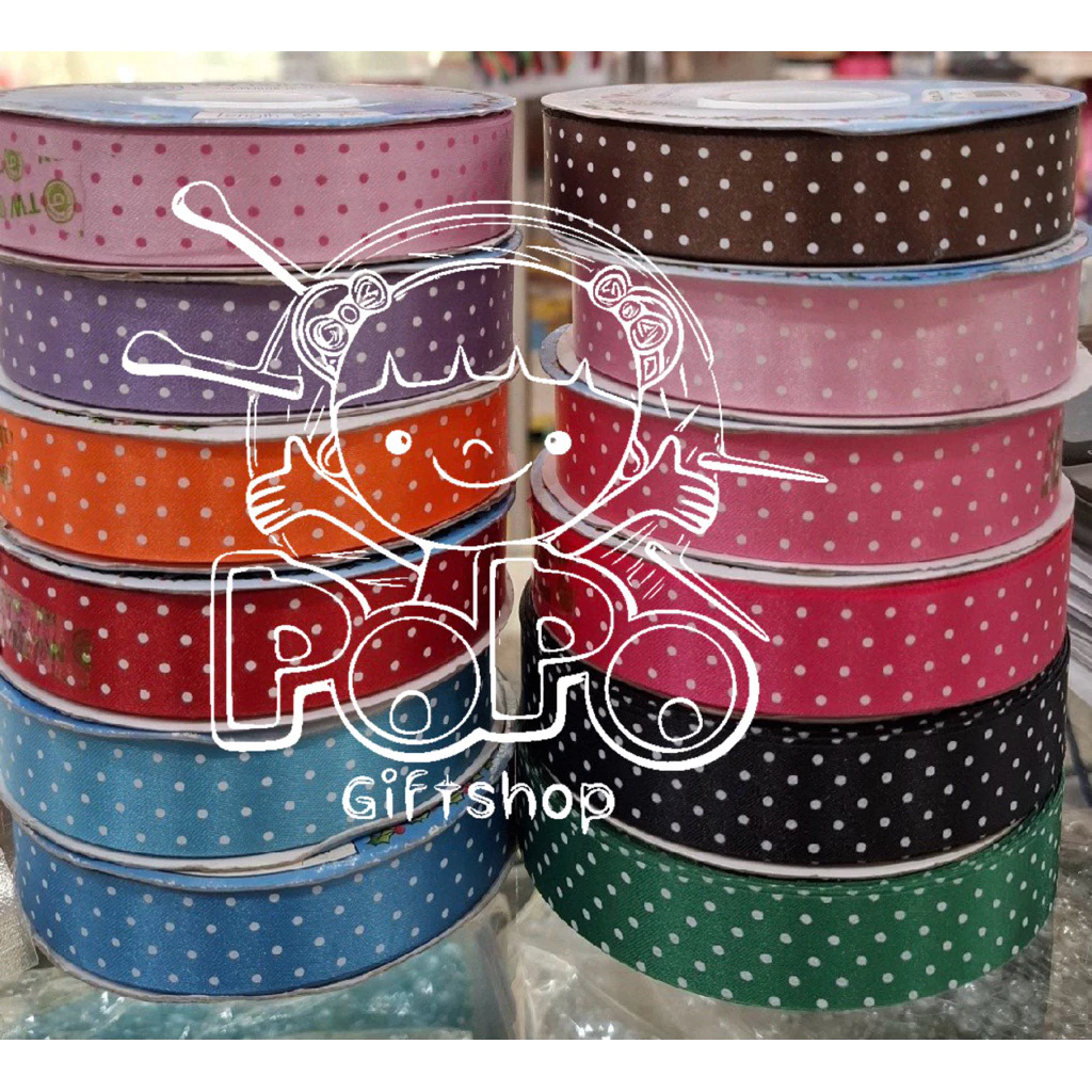 ริบบิ้นผ้าต่วน ลายจุด 7 สี สูง 2.2 ซม 100 ซม 10 บาท