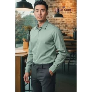 เสื้อเชิ้ตแขนยาว คอปก สีเขียวพาสเทล/สีเขียวอ่อน ผ้าcotton comb twill [S-4XL]