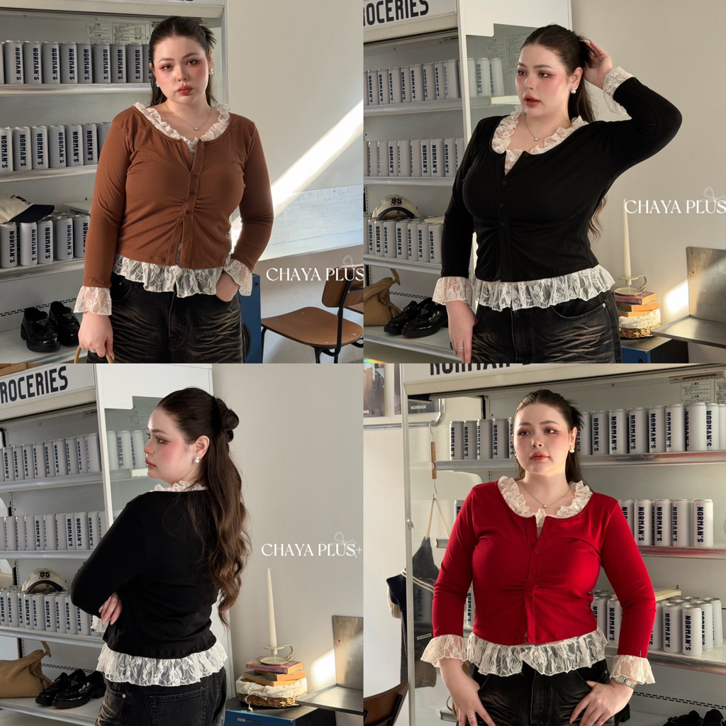 เสื้อแขนยาวคอวี แต่งชายลูกไม้หวานๆ เก๋มาก สาวอวบ ไซส์ใหญ่ อก38-52นิ้ว
