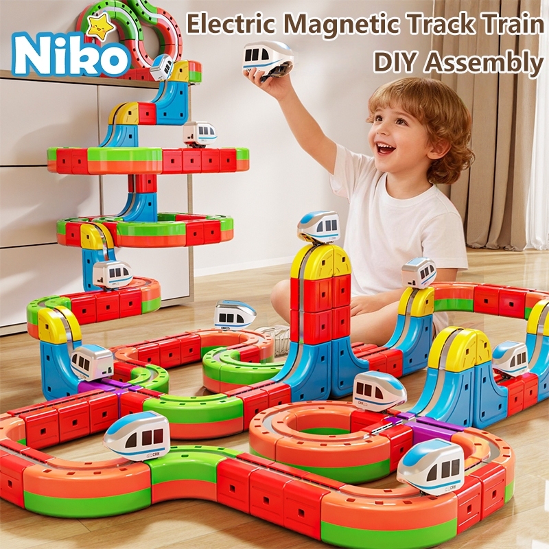 NIKO ชุดรถไฟทางรถไฟแมกนีต์ไฟฟ้า 3D รACING ก้อนอิฐสร้างสรรค์ สำหรับเด็กชายหญิง ของขวัญวันเกิด