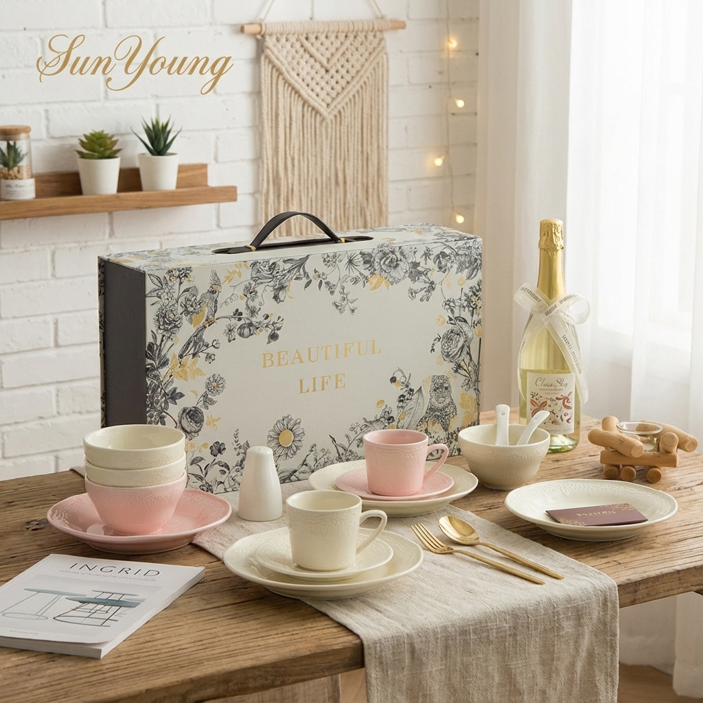 SunYoung ชุดจานชามเซรามิก🍽️ สไตล์ยุโรป ลายวินเทจ สีพาสเทล จานสเต็ก แก้วกาแฟ ของขวัญแต่งงาน กล่องหรู✨