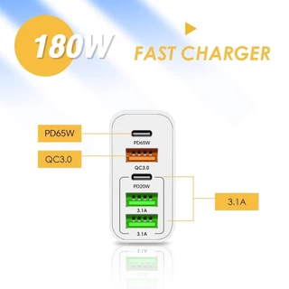 Fast Charger Adapter180W หัวชาร์จเร็ว 3USB+2PD ชาร์จเร็ว Pd65w อะแดปเตอร์ชาร์จเร็ว 5 พอร์ต USB Type C ใช้ได้กับทุกรุ่น