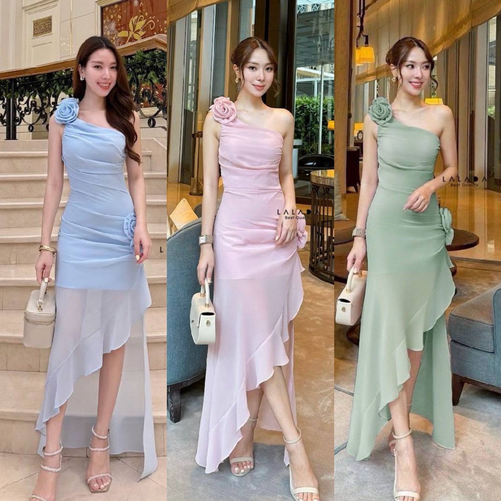 ❣️พร้อมส่ง📌 LALADA เดรสไหล่เฉียง แต่งดอกไม้ สีชมพู ใส่ออกงาน งานแต่ง เพื่อนเจ้าสาว ปาร์ตี้ PS.CLOSET