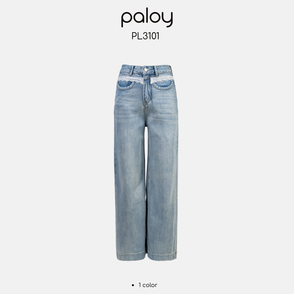 Paloy – PL3101 กางเกงยีนส์ขายาว ทรงกระบอก ขอบเอวล่างแต่งลูกไม้