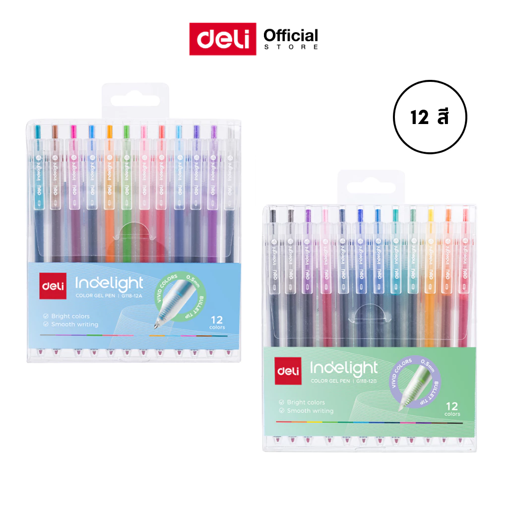 ชุดปากกาเจลสีแบบกด Bullet tip 0.5mm Deli รุ่น G118-12A / G118-12B (จำหน่าย1ชุด/12สี/12ด้าม)