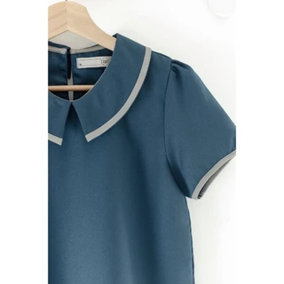 Narinari : MT6610 Point Collar Blouse ผ้าโฟร์เวย์ เสื้อทำงานทรงปกบัวตัดปลายแหลม แขนสั้น แต่งขอบ