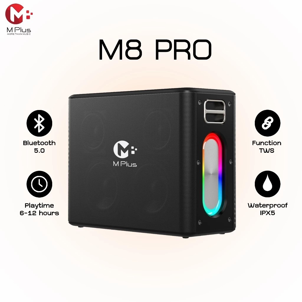 MPLUS M8 PRO ลำโพงบลูทูธ 120W ไฟ RGB ไมค์ลอย 2 ตัว แบต12000mAh กันน้ำ IPX5 ประกัน1ปี