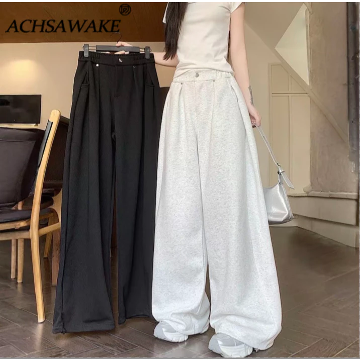 ACHSAWAKE กางเกงสปอร์ตสตรีทรงหลวม เอวปรับระดับได้ด้วยสายรัด ขากว้างทรงสุทธ์ลากพื้น ดูสวยผ่อนคลาย