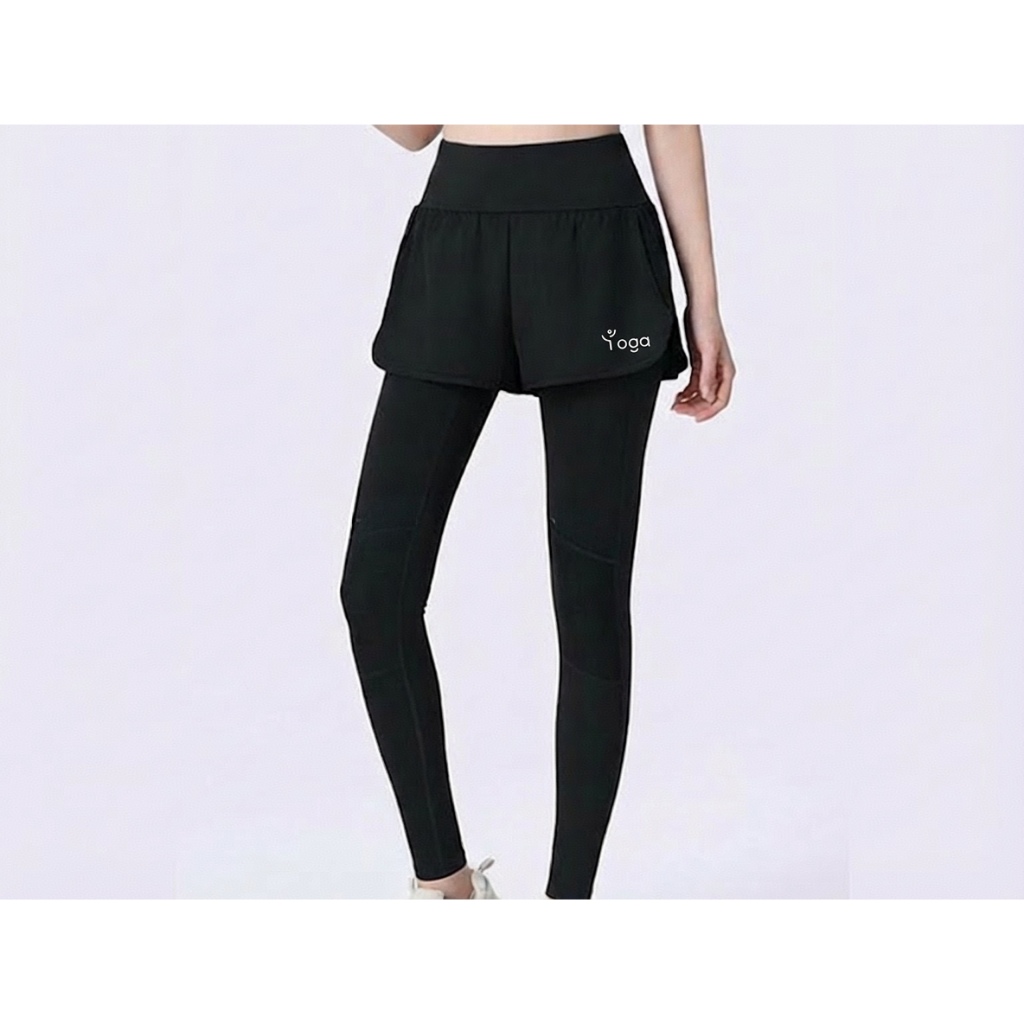 กางเกงออกกำลังกายผู้หญิง 2in1 เลกกิ้งพร้อมกางเกงขาสั้น เอวสูง มีกระเป๋า วิ่ง ฟิตเนส โยคะ สปอร์ตแวร์ - รูปที่ 3