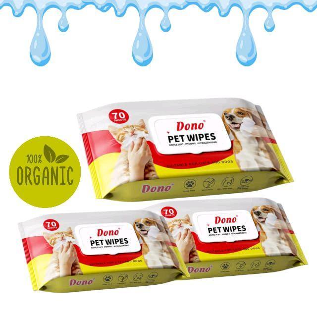 ทิชชูเปียกเช็ดทำความสะอาด Dono Pet Wipes ทิชชู ผ้าเปียก หมา แมว จำนวน70แผ่น และ10แผ่น
