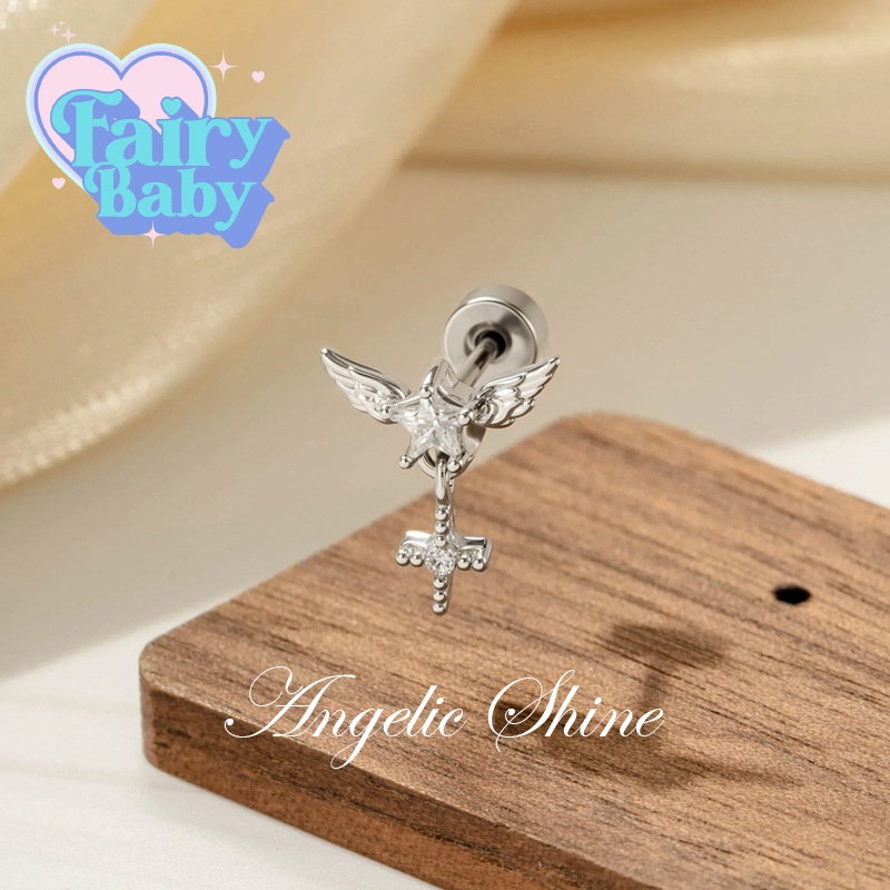Fairybaby จิว Angelic Shine ( 1 ชิ้น ) แป้นแบน รูปปีกนก ห้อยตุ้งติ้ง ไม้กางเขน เล่นแสง สวยงาม (J3-003)