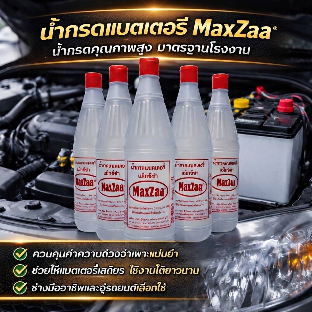 น้ำกรด แบตเตอรี่ MaxZaa แม็กซ์ซ่า ใช้สำหรับเติมแบตเตอรี่ ตะกั่ว - กรด ทุกชนิด 725 ml.