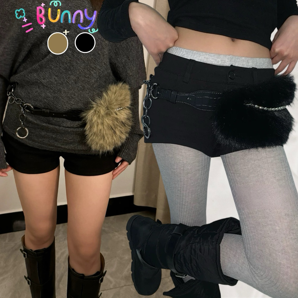 BunnyJ 🎀 Furry Chain Belt เข็มขัดขนฟูสุดจึ้ง! ✨ ลุค Y2K แบบตัวมัม ดีเทลโซ่เงินโคตรเท่ 🔥 แมทช์สับๆ พร