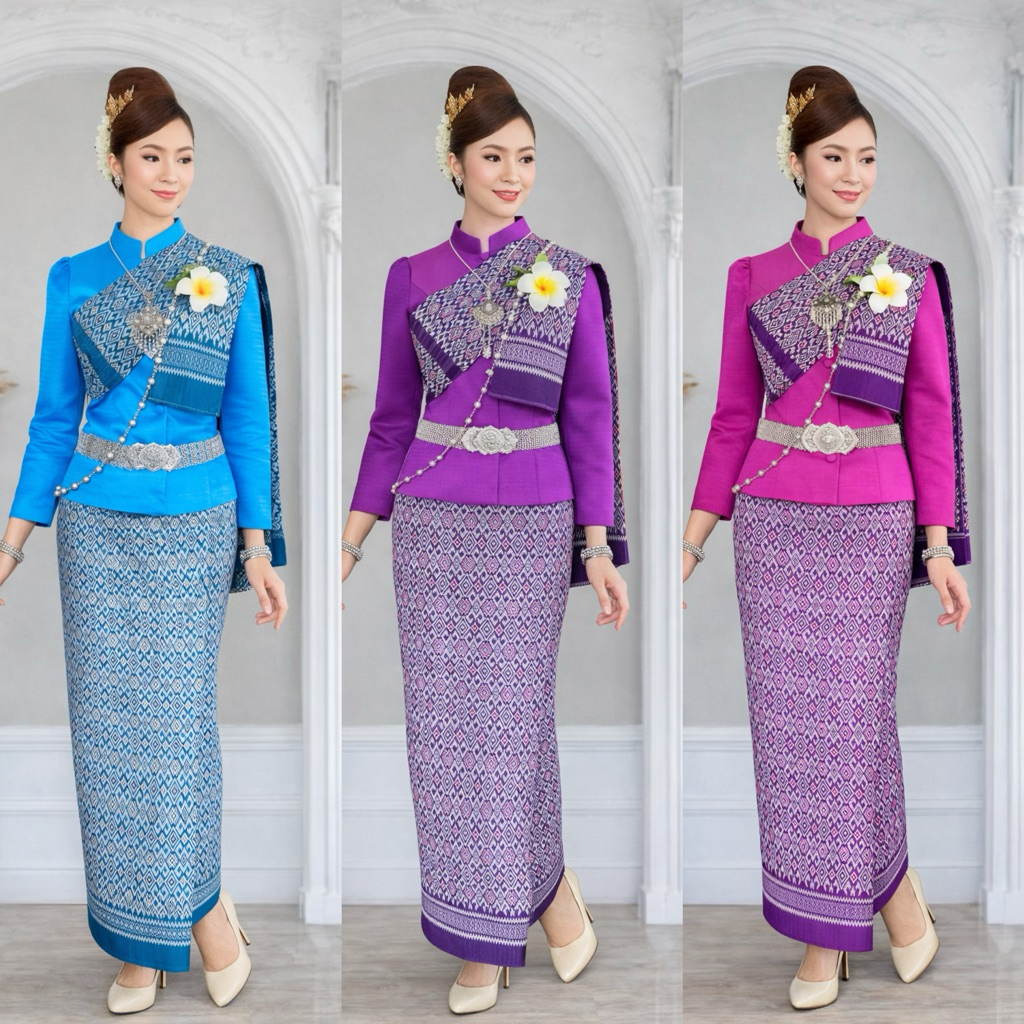 ชุดป้าไทยเสื้อไหมหม่อน+สใบ+ผ้าถุงฟรีไชร์ป้ายตะของานสวยเย็บละเอียดมากค่ะ