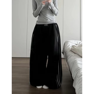 [Side-striped casual wide-leg pants]สไตล์อเมริกันวินเทจหญิงภาควิชาแจ๊สเต้นรำด้านข้างลายลำลองกางเกงขากว้าง