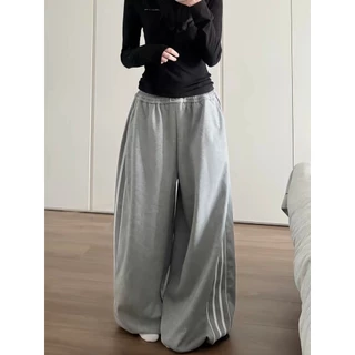 [Side-striped casual wide-leg pants]สไตล์อเมริกันวินเทจหญิงภาควิชาแจ๊สเต้นรำด้านข้างลายลำลองกางเกงขากว้าง