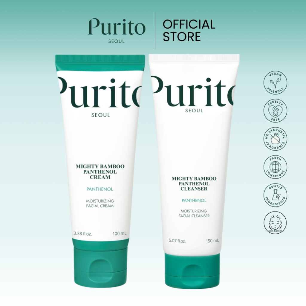 [ล็อกผิวชุ่มชื้น  สู้ PM2.5 ]PURITO SEOUL MIGHTY BAMBOO PANTHENOL CREAM  100 ml.+MIGHTY BAMBOO PANTHENOL CLEANSER 150 ML