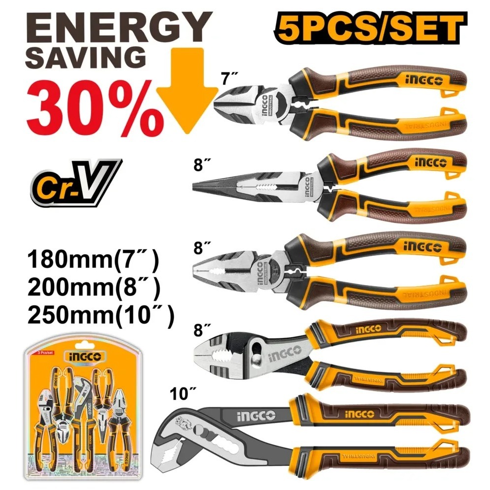 INGCO ชุดคีม 5 ชิ้น รุ่น HKPS28588 ประหยัดแรงในการตัดและบีบได้ถึง 30%  Energy Saving