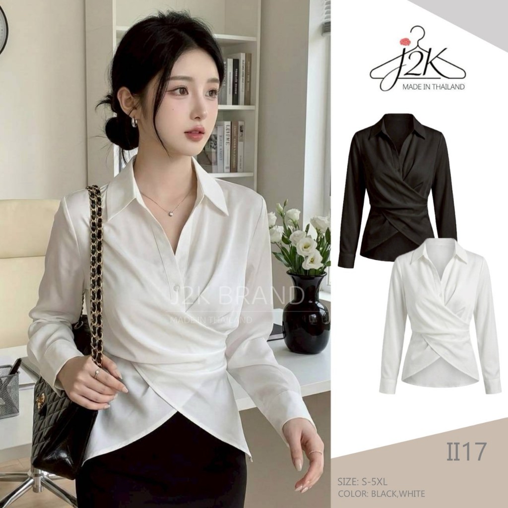 J2K▪II17🤎[S-5XL] เสื้อเชิ้ตทำงานแขนยาวสาวอวบ แต่งเอวป้ายเข้ารูป ติดกระดุมครึ่งตัว สวยหรูดูแพง รอบอกตั้งแต่ 32-62 นิ้ว