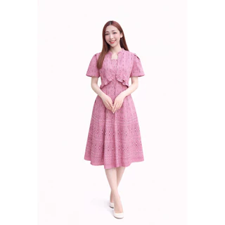 ชุด2in1 มีซิปหลังและสม็อคหลัง แต่งเสื้อคลุม ผูกโบว์ที่เสื้อคลุม เดรส Dress เสื้อผ้าผู้หญิง เสื้อผ้าแฟชั่น ชุดผ้าไทย
