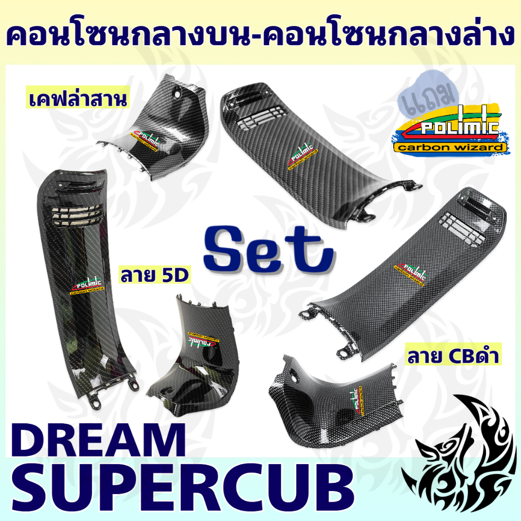 เซ็ท 2 ชิ้น คอนโซนกลางบน+คอนโซนกลางล่าง DREAM SUPERCUB ลายเคฟล่าพร้อมเคลือบเงา ลายคมชัด Free !!! สติ๊กเกอร์ Polimic