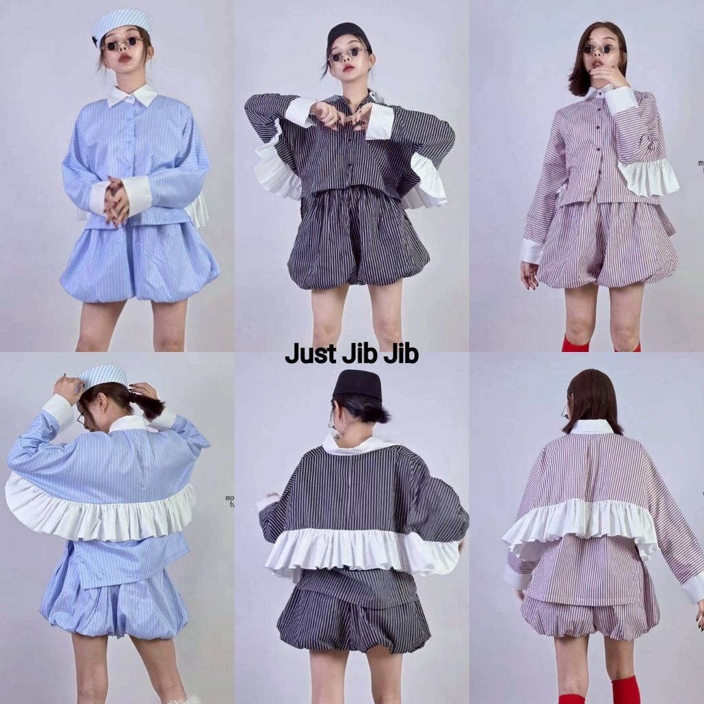 Set เสื้อเชิ้ตระบายหลัง +กางเกงบอลลูนสั้น