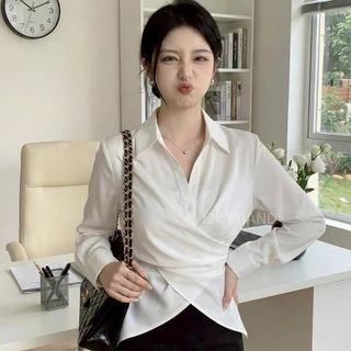 J2K▪II17🤎[S-5XL] เสื้อเชิ้ตทำงานแขนยาวสาวอวบ แต่งเอวป้ายเข้ารูป ติดกระดุมครึ่งตัว สวยหรูดูแพง รอบอกตั้งแต่ 32-62 นิ้ว