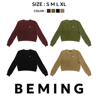 Bemingtop1103(S-XL)-BMG Cozy Rib Cardigan-คาร์ดิแกนไหมพรมแขนยาวดีไซน์เรียบ ดีเทลโลโก้ BMG สีขาว