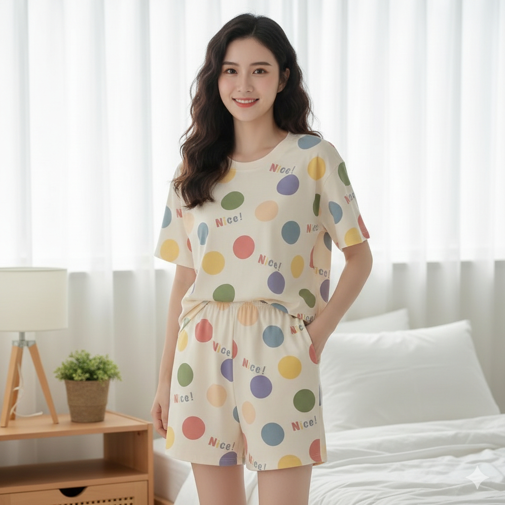 ชุดนอนเซ็ต ผ้าเด้งนิ่น มีบราในตัว แขนสั้น กางเกงขาสั้น ลายน่ารัก ผ้าใส่สบาย รหัสQZ - รูปที่ 4