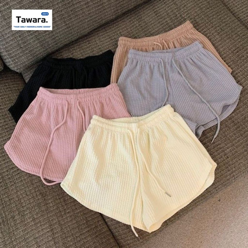 (C-015) กางเกงขาสั้น กางเกงลำลองผู้หญิง เอวสูง ยางยืด มีเชือกผูก ผ้านุ่ม เบา ใส่ชิล มินิมอล ใส่นอน มี 5 สี เลือกสีได้