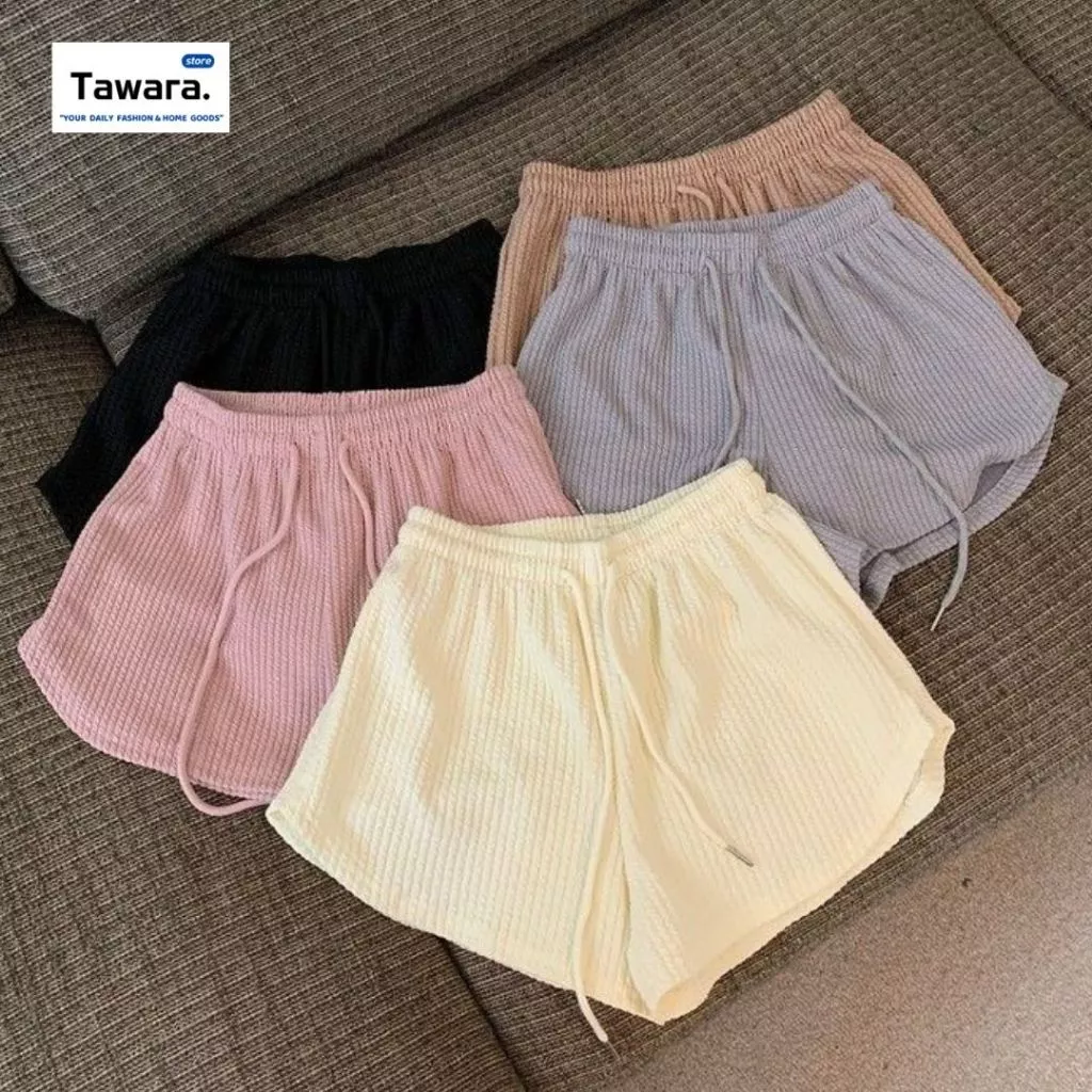 (C-015) กางเกงขาสั้น กางเกงลำลองผู้หญิง เอวสูง ยางยืด มีเชือกผูก ผ้านุ่ม เบา ใส่ชิล มินิมอล ใส่นอน มี 5 สี เลือกสีได้