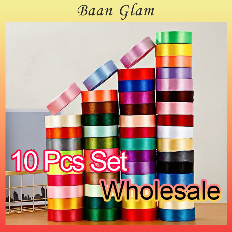 ริบบอนซาติน 2.5 ซม. (25 หลา) แพ็ค 10 ม้วน สำหรับห่อของขวัญ ทำดอกไม้ DIY วันหยุด วันเกิด หรูหรา