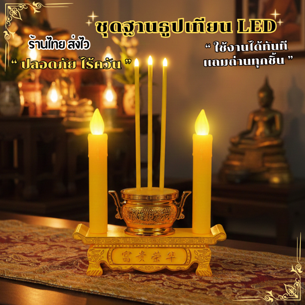 ชุดเซ็ทฐานธูปเทียน LED สำหรับ ไหว้พระ ไหว้เจ้า เชิงเทียนพลาสติกABS กระถางธูปไฟฟ้า แบบเซ็ต ใส่ถ่าน