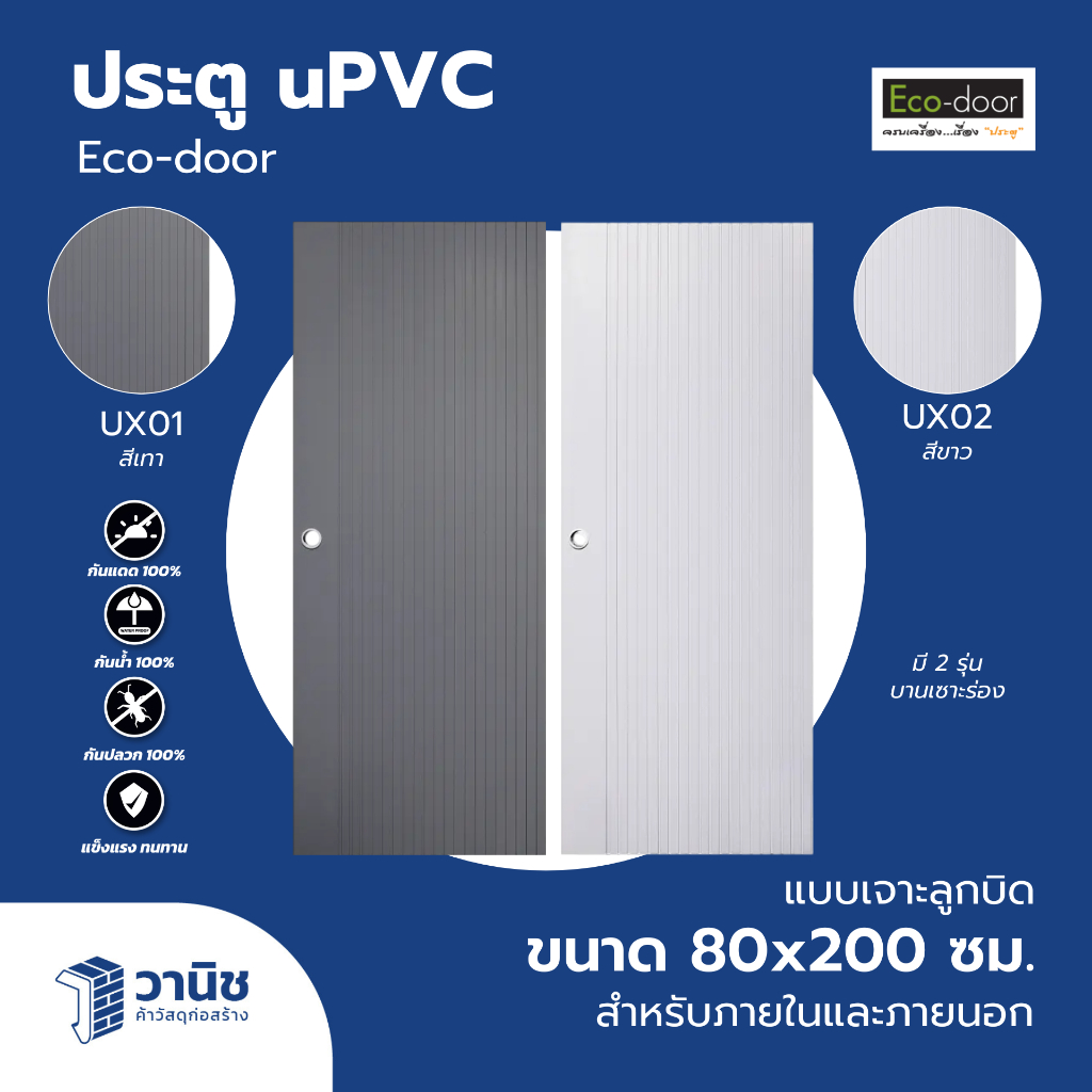 ประตู uPVC Eco-door มี 2 รุ่น UX1,UX2 สีเทา,ขาว ขนาด 80 x 200 ซม. แบบเจาะลูกบิด ภายในและภายนอก | กันแดด กันน้ำ กันปลวก