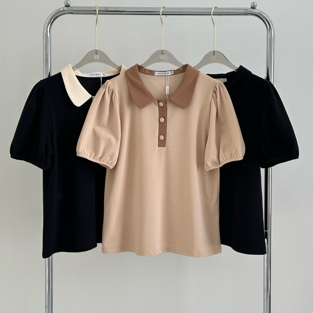 SISSY : เสื้อโปโลคอบัว แขนสั้นตุ๊กตา (S-XXL) สีพื้นดำ กระดุมหน้า ใช้งานได้จริง  ผ้าปิเก้ ผ้านุ่ม เย็น ใส่สบาย