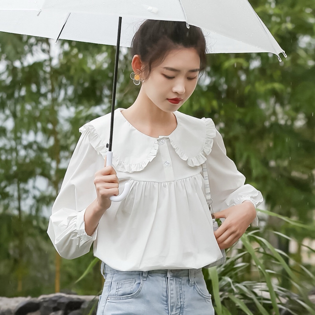 เสื้อคอบัว ระบาย (ใส่กับเสื้อกั๊กได้) สีขาว & ลายสก็อต [แขนสั้น/ยาว] เสื้อน่ารัก สไตล์เกาหลี Herbiestyle