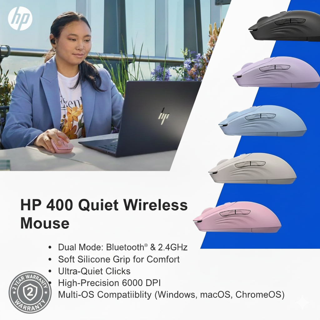 HP 400 Quiet Wireless Mouse, Dual Bluetooth & 2.4GHz, Soft Silicone, Quiet Clicks, 6000 DPI, Multi-OS - 2 Yrs Warranty