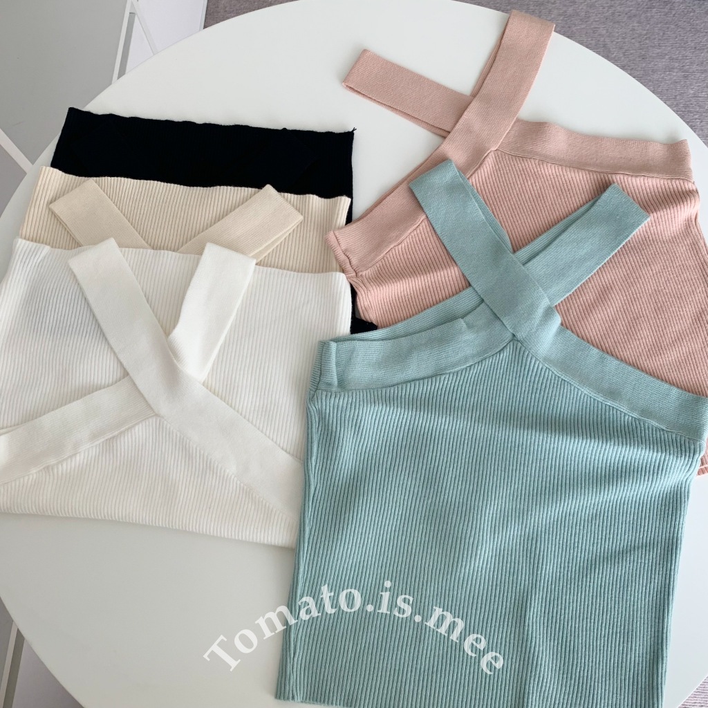 เสื้อกล้ามไหมพรมเกาะอก สายไขว้คอกากบาท ไหมพรมผ้าร่องเล็ก ผ้านุ่มนิ่มมาก ใส่สบาย ไม่ย้วย พร้อมส่ง 5 สี !!! (SY2397)