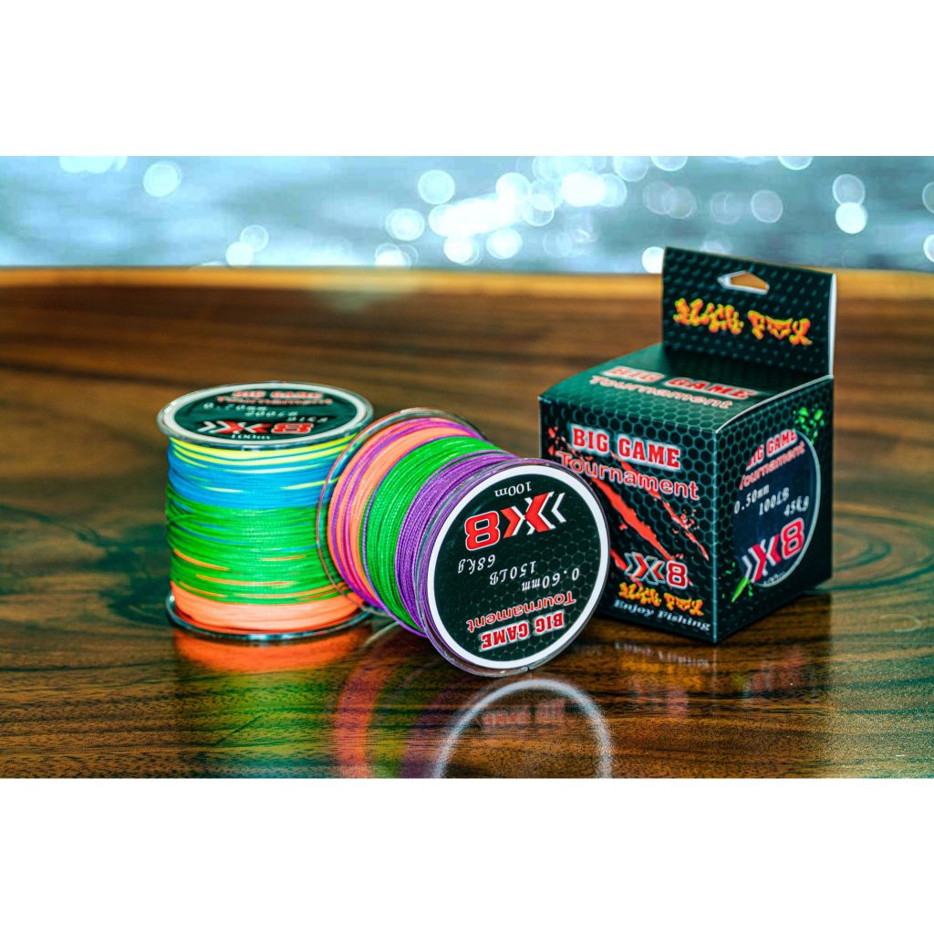 สาย PE Biggame Tournament X8   (ปอนด์ใหญ่ ขนาด 100 เมตร)  สายสีรุ้งถัก 8 ปอนด์ใหญ่ สีมัลติคัลเลอร์ เ