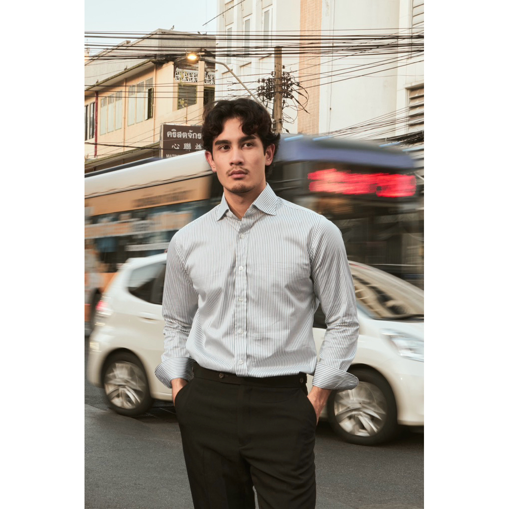[Code20%ทักแชThe Imperial Shirt เสื้อเชิ้ตแขนยาว Grey Stripe | ผ้า Egyptian Cotton 100%| Italian Spread Collar| Slim Fit