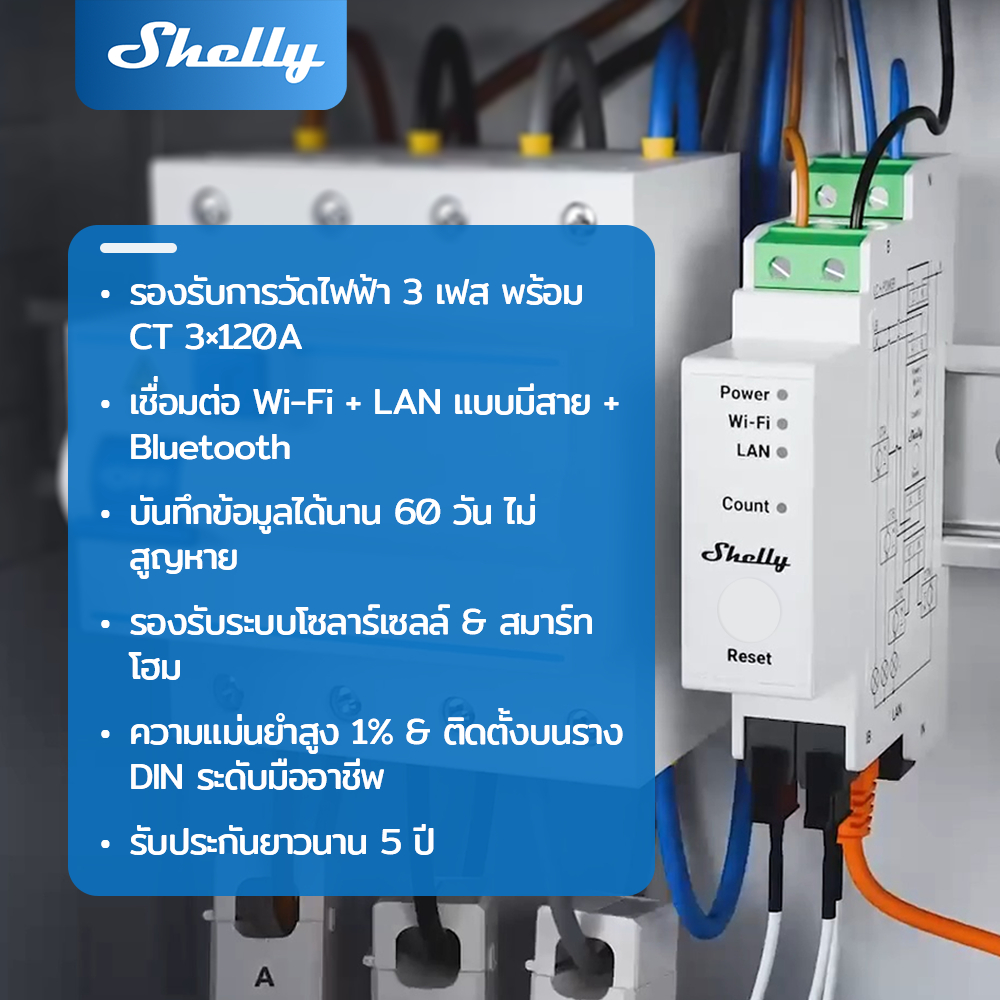 Shelly Pro 3EM เครื่องวัดพลังงานไฟฟ้า 3 เฟส WiFi Smart Energy Meter ติดตั้งราง DIN ควบคุมผ่านมือถือ รองรับ Modbus MQTT