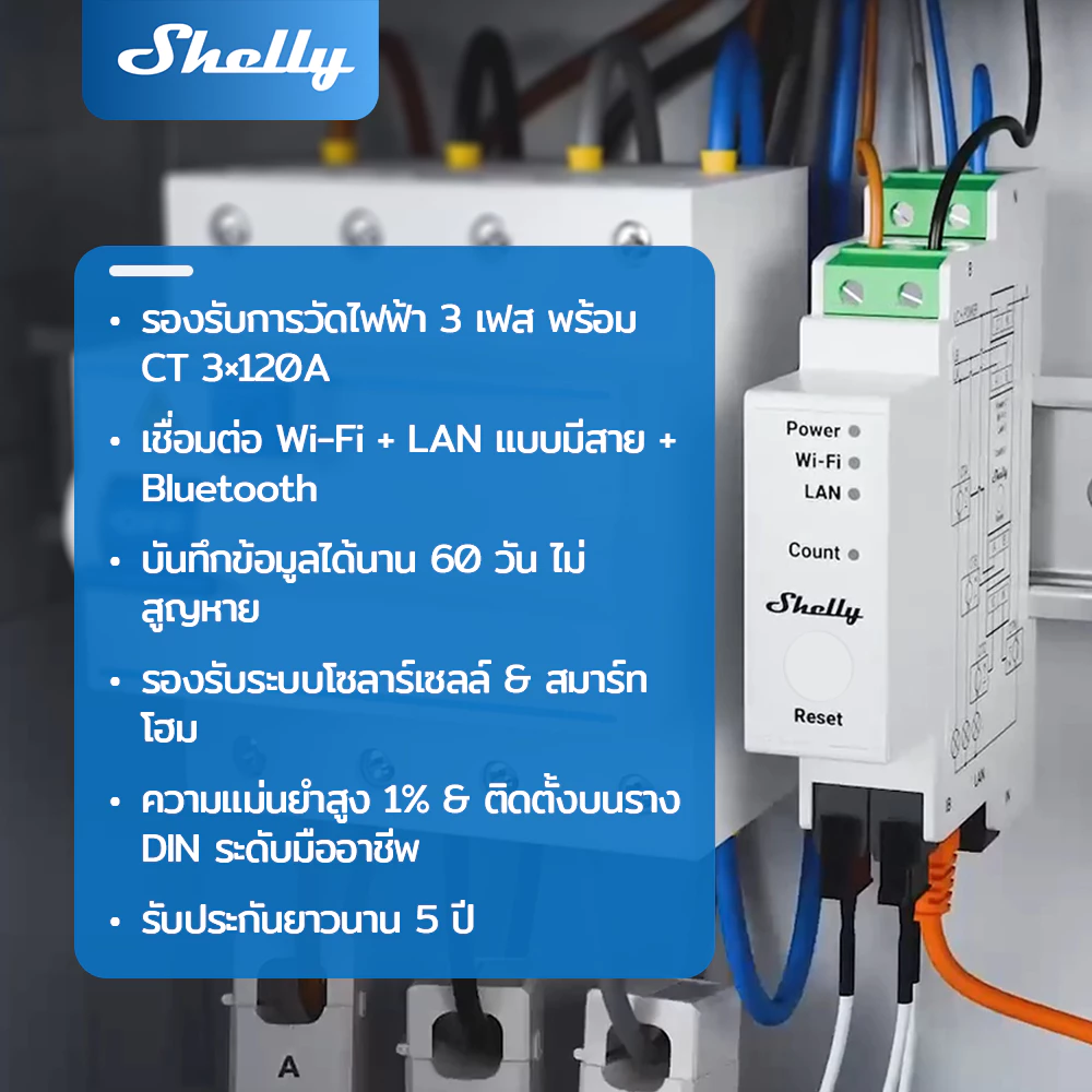 Shelly Pro 3EM เครื่องวัดพลังงานไฟฟ้า 3 เฟส WiFi Smart Energy Meter ติดตั้งราง DIN ควบคุมผ่านมือถือ รองรับ EcoFlow MQTT