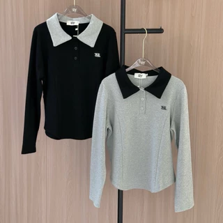 SISSY : เสื้อแขนยาวคอปกทูโทน (S-XXL) ชายโค้ง ผ้านุ่มยืดแน่นใส่สบาย แต่งลายเส้นใส่แล้วหุ่นสับเอวคอด