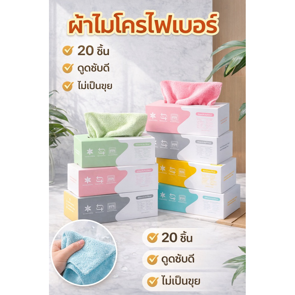 ผ้าไมโครไฟเบอร์ ผ้าเช็ดอเนกประสงค์ ราคาประหยัด ซักใช้ซ้ำได้ 20 ชิ้น/กล่อง